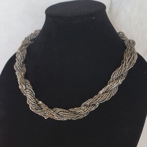 Gun Metal Metallic Beaded Braided Statement Necklace - Vintage, Estate